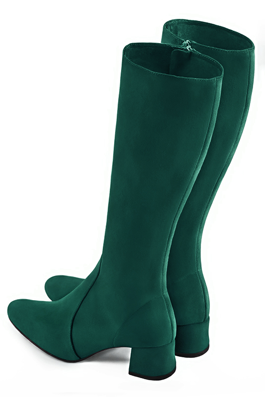 Forest green women's feminine knee-high boots. Round toe. Low flare heels. Made to measure. Rear view - Florence KOOIJMAN